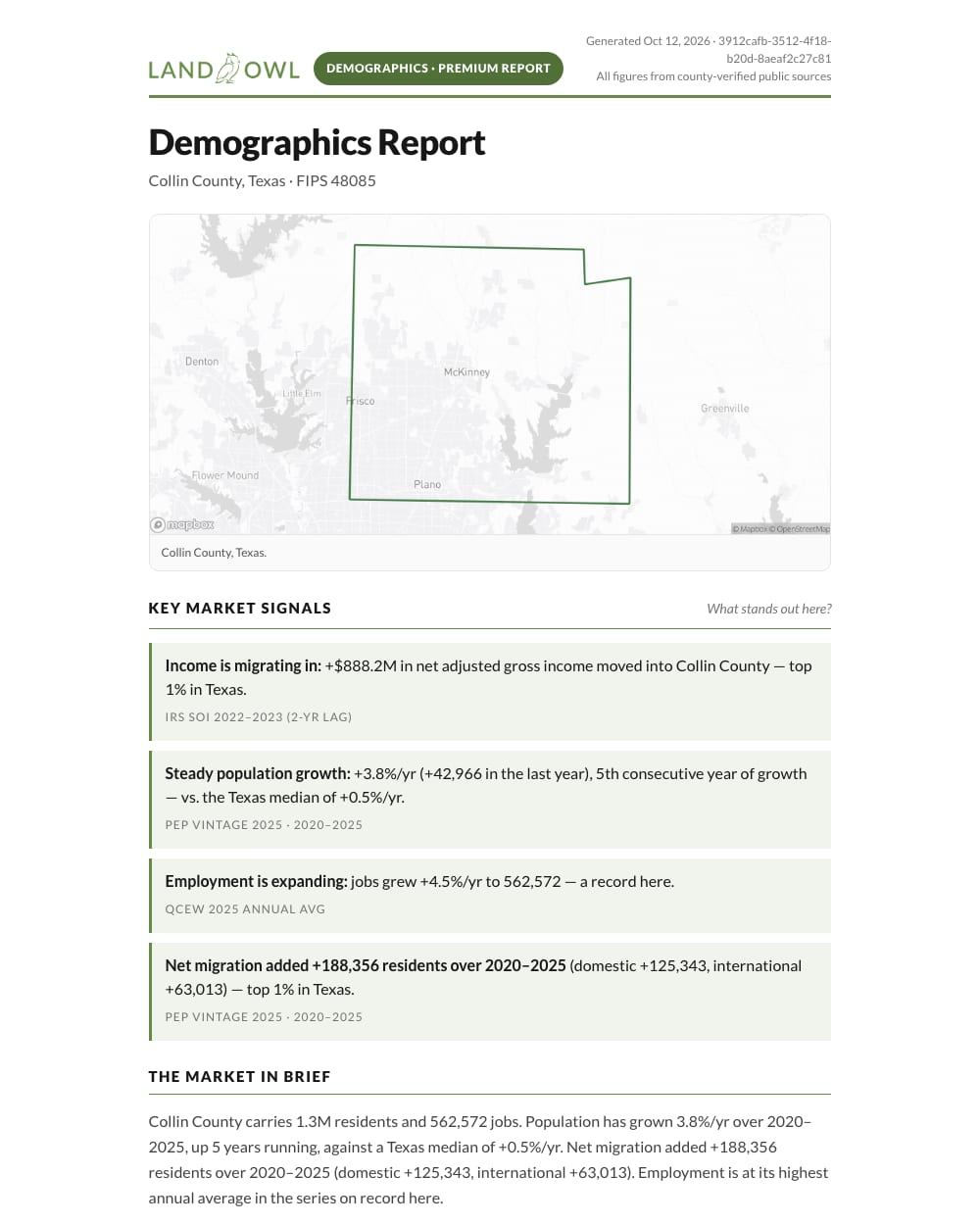 A Land Owl Demographics Report for a county, with each measure ranked against the rest of the state.
