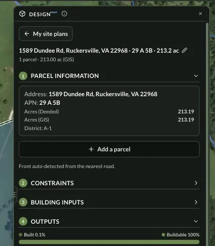 Land Owl map with the Design panel open on a 213-acre Virginia parcel: the site boundary and a dashed setback envelope drawn over satellite imagery, blue flood and wetland areas carved out, a placed building footprint, and a panel showing the four steps with site area 213.00 acres, buildable area 212.95 acres, footprint 9,600 sq ft and gross floor area 19,200 sq ft.