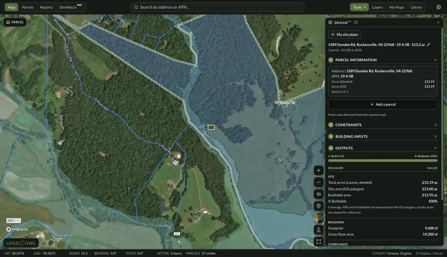 Land Owl map with the Design panel open on a 213-acre Virginia parcel: the site boundary and a dashed setback envelope drawn over satellite imagery, blue flood and wetland areas carved out, a placed building footprint, and a panel showing the four steps with site area 213.00 acres, buildable area 212.95 acres, footprint 9,600 sq ft and gross floor area 19,200 sq ft.